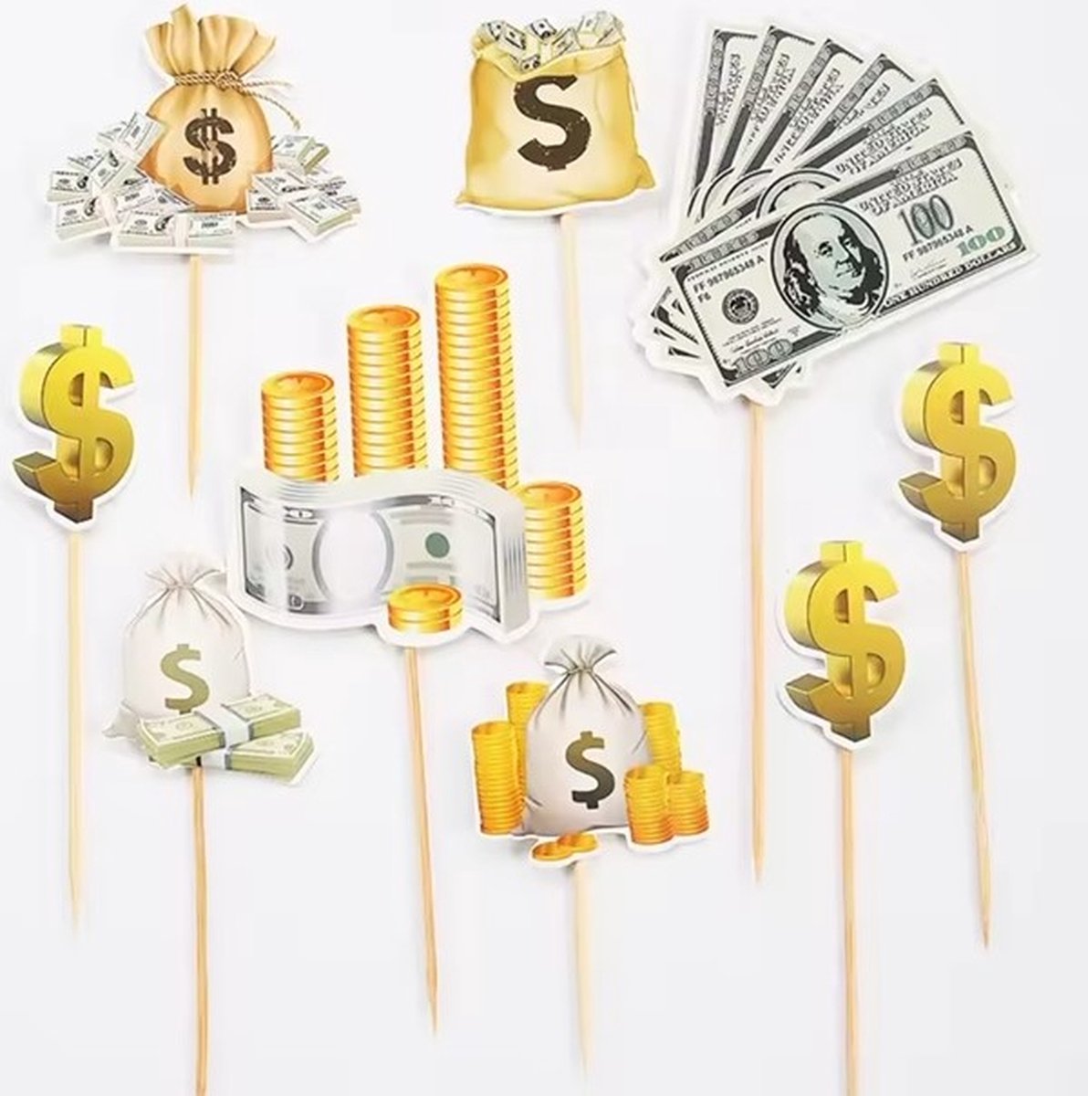 Geld Taart Topper - 9 Stuks - Money - Dollars - Munten - Versiering - Verjaardag Versiering - Decoratie - Kinderfeestje - Taarttopper - Cake Topper - Prikkers - Cocktailprikkers - Taart - Uitdelen - Jongens en Meisjes